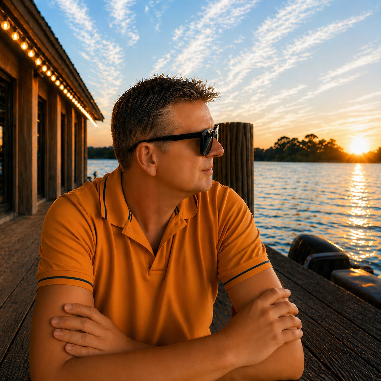 DJ Leslieson, in sunglasses and an orange polo shirt, looking out across the water at sunset.